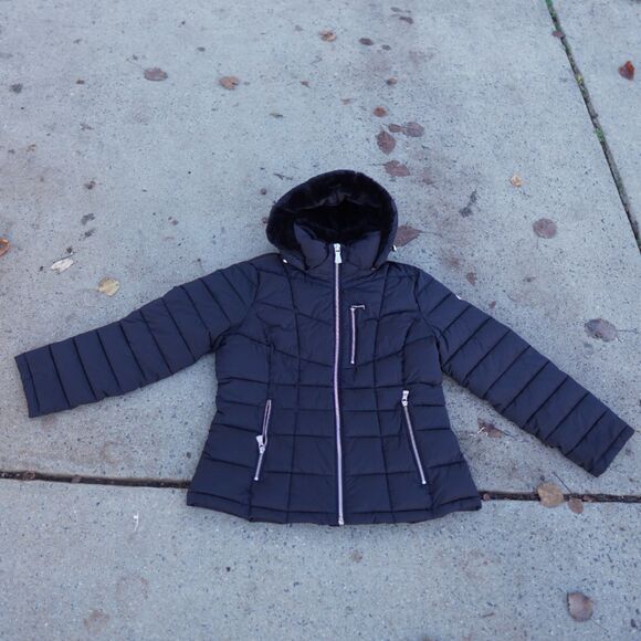 Calvin Klein Black Puffer Coat Women's L Faux Fur Hood Water Resistant - Picture 11 of 12